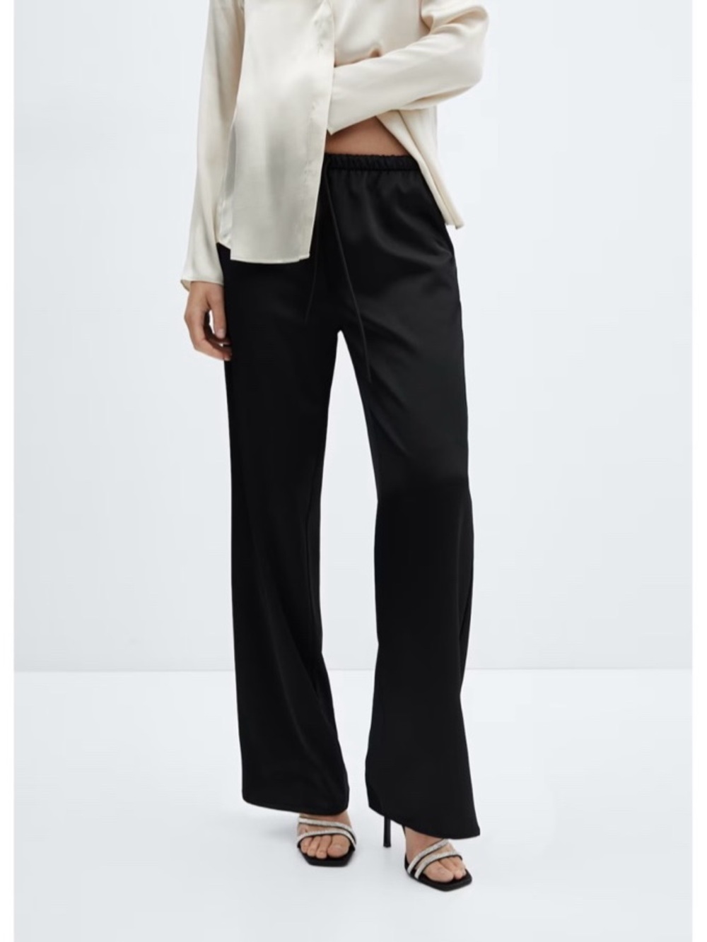 Mango MNG Satin-finish Elastic Waist Wide-leg Pants in Black Size Medium